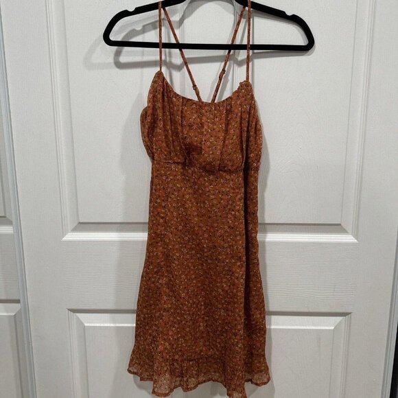 Womens Leith Sun Dress Orange Floral Cross Spaghetti Strap Casual Summer Medium - Picture 1 of 6